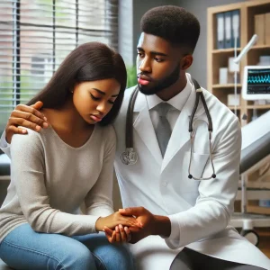 NG A hyper-realistic image of a Nigerian male doctor consoling a Nigerian woman. The doctor is wearing a white coat and has a stethoscope around his neck (1)